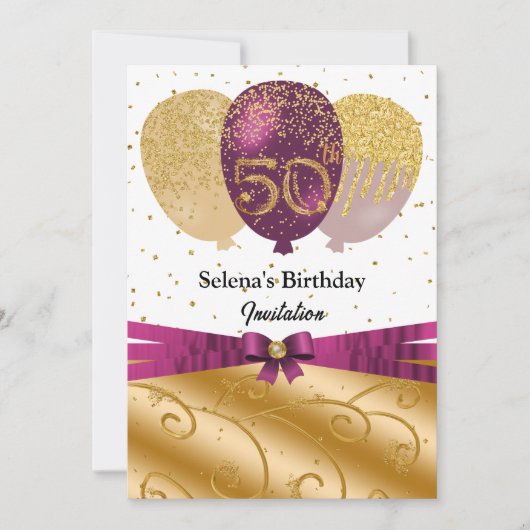 Invitation Gold, Fuchsia Balloons & Silk Ribbon 50e anniversa (Devant)