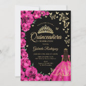 Invitation Gold Fuchsia Roses roses papillons Quinceanera (Devant)