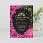 Invitation Gold Fuchsia Roses roses papillons Quinceanera (Debout devant)