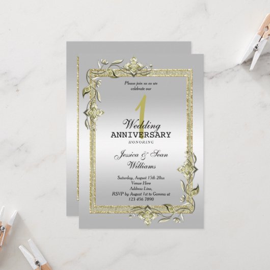 Invitation Gold Gem, Parties scintillant & Silver 1er Mariage (Devant/Arrière en situation)