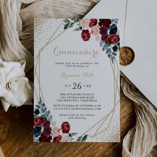 Invitation Gold Géométrique Bourgogne Marine Floral Quinceañe