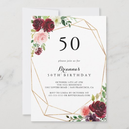 Invitation Gold Géométrique Spring Floral 50e fête d'annivers (Devant)