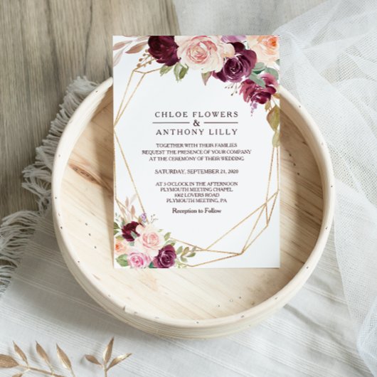 Invitation Gold Géométrique Vert Blush Bourgogne Mariage Flor