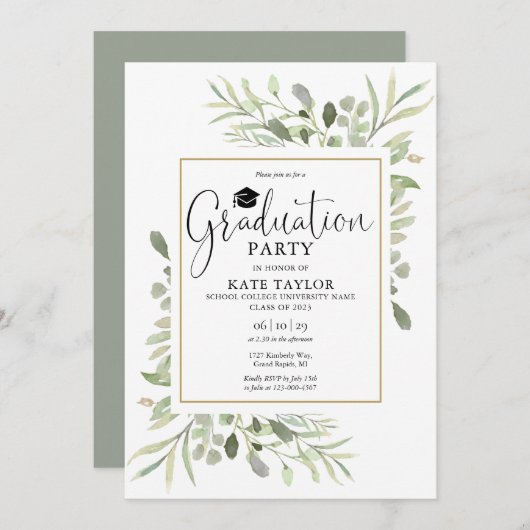 Invitation Gold Geometry Greenery Graduation Party (Devant / Derrière)