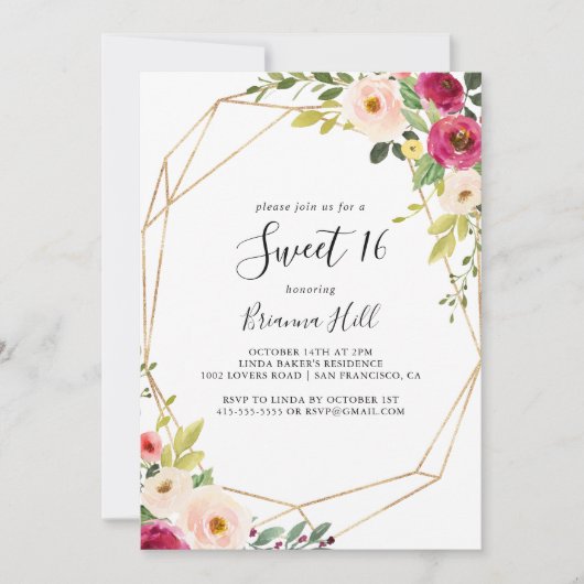 Invitation Gold Geometry Greenery Sweet 16 Anniversaire (Devant)