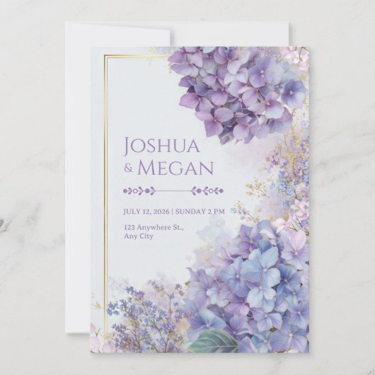 Invitation Gold Gilded Periwinkle Hydrangea Frame Wedding (Devant)