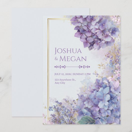 Invitation Gold Gilded Periwinkle Hydrangea Frame Wedding (Devant / Derrière)