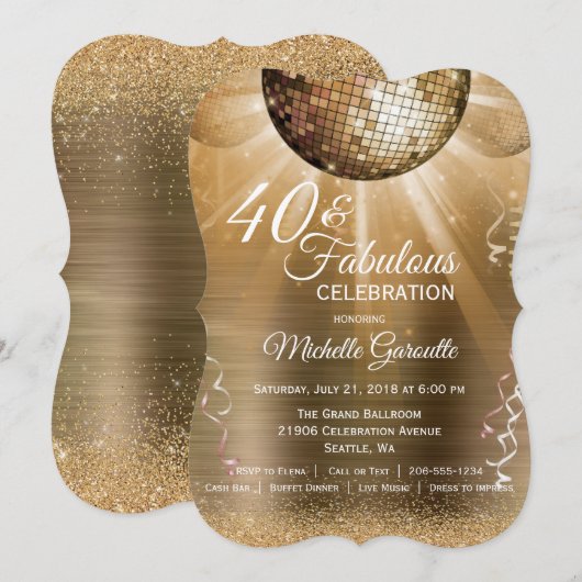 Invitation Gold Glam 40 et Fabulous Disco Ball Anniversaire (Devant / Derrière)