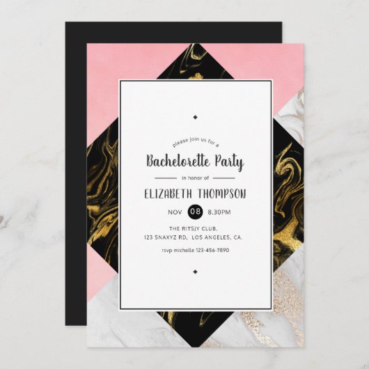 Invitation Gold Glam Parties scintillant Marbre Bachelorette  (Devant / Derrière)
