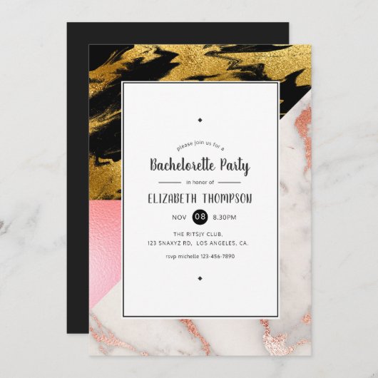 Invitation Gold Glam Parties scintillant Marbre Bachelorette  (Devant / Derrière)
