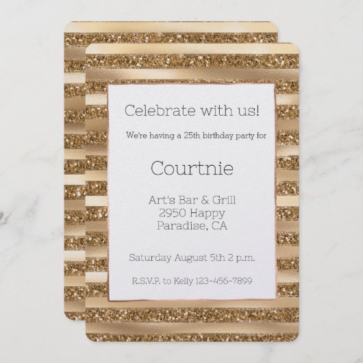 Invitation Gold Glam Parties scintillant rayures Anniversaire (Devant / Derrière)