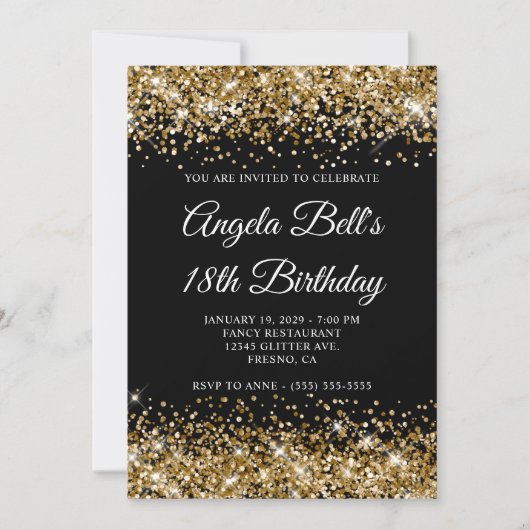 Invitation Gold Glitter Black Fancy Monogram 18th Birthday (Devant)