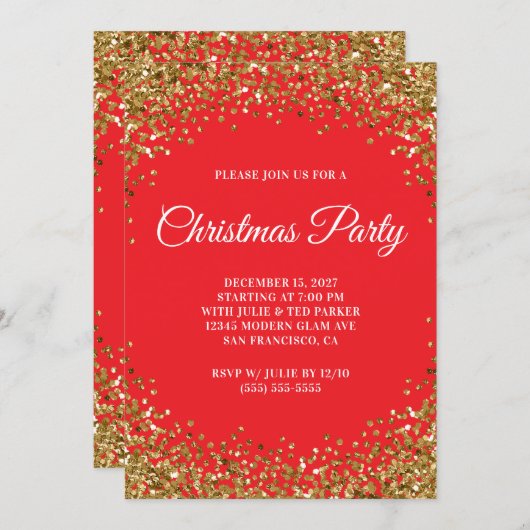 Invitation Gold Glitter Border Red Christmas Party (Devant / Derrière)