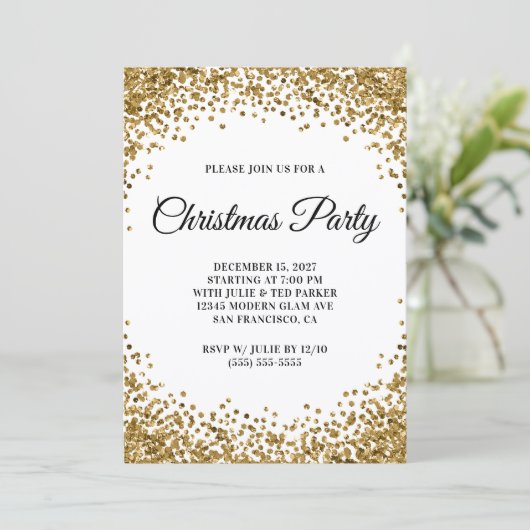 Invitation Gold Glitter Border White Christmas Party (Debout devant)