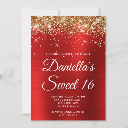 Invitation Gold Glitter Bright Red Foil Sweet 16 (Devant)