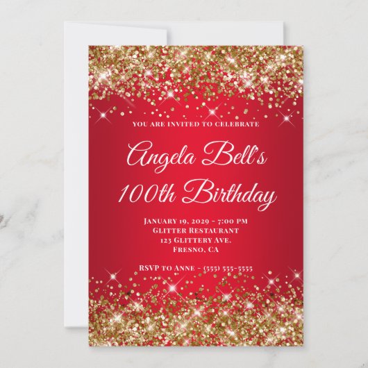 Invitation Gold Glitter Bright Red Ombre 100th Birthday (Devant)