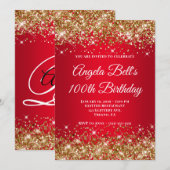 Invitation Gold Glitter Bright Red Ombre 100th Birthday (Devant / Derrière)