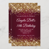 Invitation Gold Glitter Burgundy Ombre 18th Birthday (Devant / Derrière)