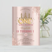 Invitation Gold Glitter Castle,Rose Gold Drips 1st Birthday (Debout devant)