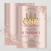 Invitation Gold Glitter Castle,Rose Gold Drips 1st Birthday (Devant / Derrière)
