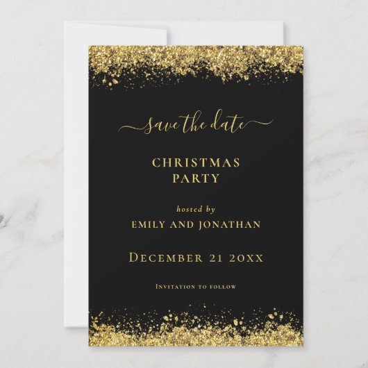 Invitation Gold Glitter Christmas Party Save Date Black card  (Devant)