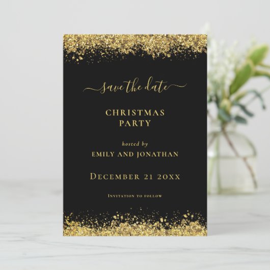 Invitation Gold Glitter Christmas Party Save Date Black card  (Debout devant)