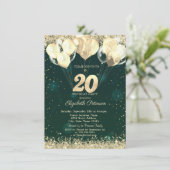 Invitation Gold Glitter Confetti Balloons Green 20th Birthday (Debout devant)