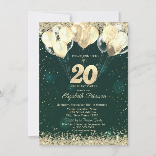 Invitation Gold Glitter Confetti Balloons Green 20th Birthday (Devant)