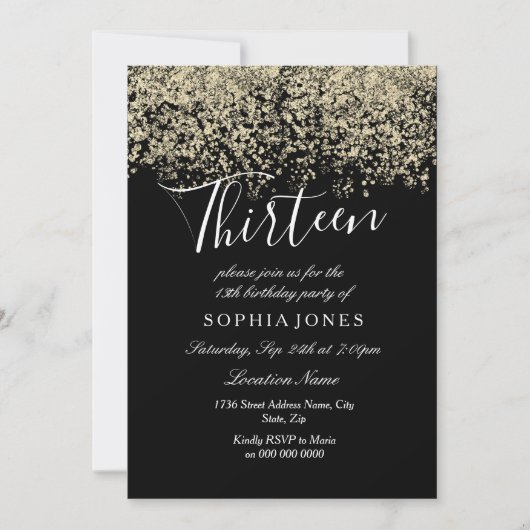 Invitation Gold Glitter Confetti Black 13e anniversaire fête (Devant)