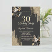 Invitation Gold Glitter Drips Black Roses Dark 30th Birthday  (Debout devant)