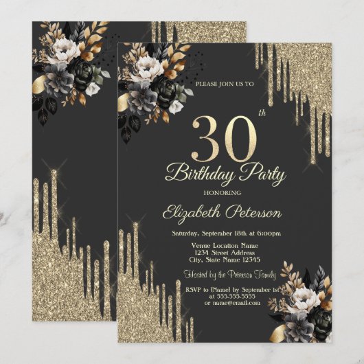 Invitation Gold Glitter Drips Black Roses Dark 30th Birthday  (Devant / Derrière)