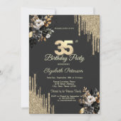 Invitation Gold Glitter Drips Black Roses Dark 35th Birthday (Devant)