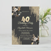 Invitation Gold Glitter Drips Black Roses Dark 40th Birthday (Debout devant)