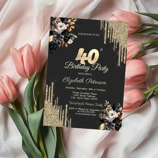 Invitation Gold Glitter Drips Black Roses Dark 40th Birthday