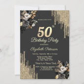 Invitation Gold Glitter Drips Black Roses Dark 50th Birthday (Devant)