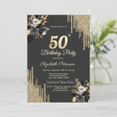 Invitation Gold Glitter Drips Black Roses Dark 50th Birthday (Debout devant)