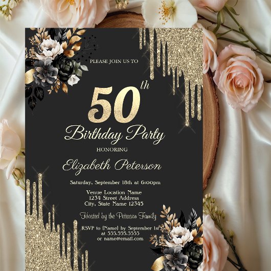 Invitation Gold Glitter Drips Black Roses Dark 50th Birthday