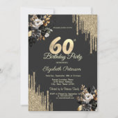 Invitation Gold Glitter Drips Black Roses Dark 60th Birthday (Devant)