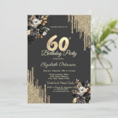 Invitation Gold Glitter Drips Black Roses Dark 60th Birthday (Debout devant)