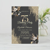 Invitation Gold Glitter Drips Black Roses Dark 75th Birthday (Debout devant)