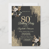 Invitation Gold Glitter Drips Black Roses Dark 80th Birthday (Devant)