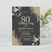 Invitation Gold Glitter Drips Black Roses Dark 80th Birthday (Debout devant)