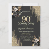 Invitation Gold Glitter Drips Black Roses Dark 90th Birthday (Devant)