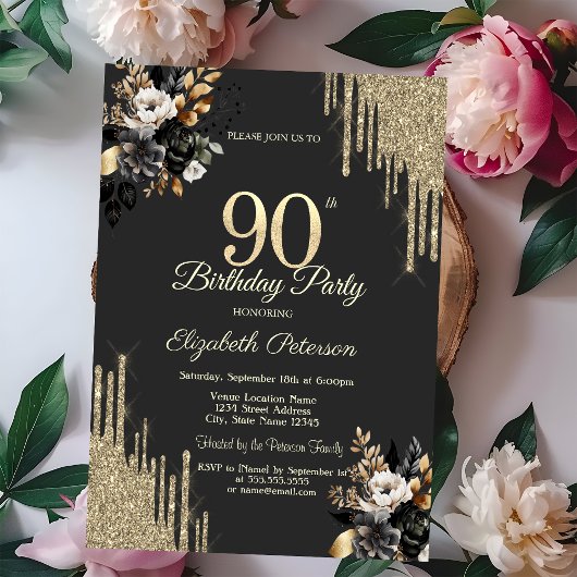 Invitation Gold Glitter Drips Black Roses Dark 90th Birthday