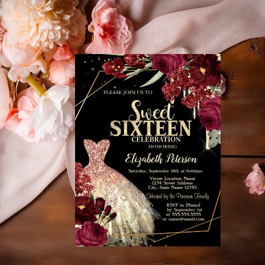 Invitation Gold Glitter Drips,Dress Red Roses Sweet 16
