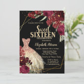 Invitation Gold Glitter Drips,Dress Red Roses Sweet 16 (Debout devant)