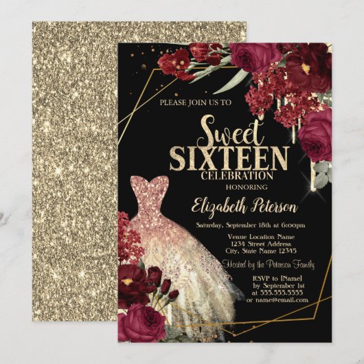 Invitation Gold Glitter Drips,Dress Red Roses Sweet 16 (Devant / Derrière)