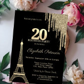 Invitation Gold Glitter Drips, Eiffel Tower 20th Birthday