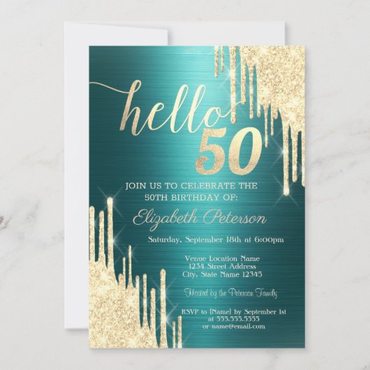 Invitation Gold Glitter Drips Green Metallic 50th Birthday (Devant)