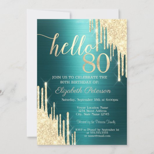 Invitation Gold Glitter Drips Green Metallic 80th Birthday (Devant)